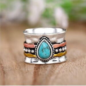 Silver Turquoise Ring with Gold and Rose Accents